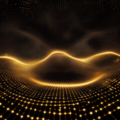 A golden grid landscape with undulating waves and a dark background creating a futuristic scene design