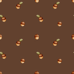 Seamless watercolor acorn pattern on dark background – hand-painted oak acorns for autumn fabric design, rustic kitchen textiles, woodland packaging, gift wrap and botanical prints
