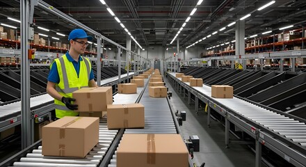 Naklejka premium Logistics Worker Loading Packages onto Conveyor Belt in Modern Distribution Center