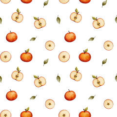 Seamless watercolor apple pattern – whole and sliced red apples with green leaves for autumn fabric design, rustic kitchen textiles, packaging, gift wrap and botanical prints