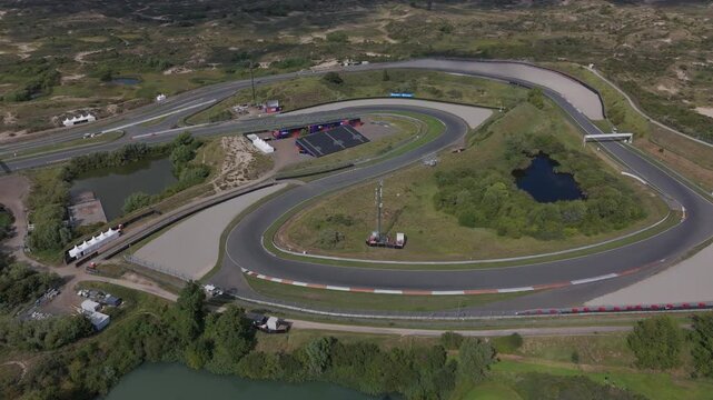 Zandvoort, Netherlands - August 18, 2025: Aerial Drone Footage of Famous Turn at Formula 1 Circuit