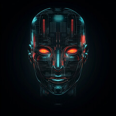 A digital rendering of a humanoid robot head with glowing red eyes on a dark background design art