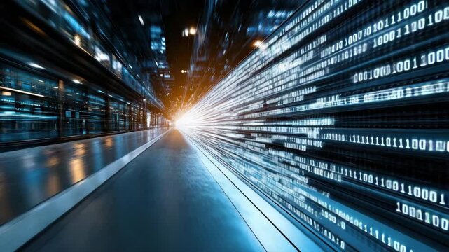 Digital Data Flows Through Futuristic Cityscape with Binary Code and Technology Innovation