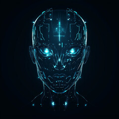 Glowing cybernetic human head with intricate circuit patterns on a dark background with bright eyes