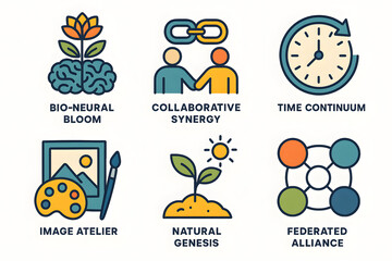 Fototapeta premium Illustrated Conceptual Icons: Six vector-based concept icons that represent a synergy of creativity and development. The concepts of biological-neural bloom, collaborative synergy, time continuum.