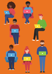 Diverse group of individuals using laptops, engaged in various activities, on an orange background.