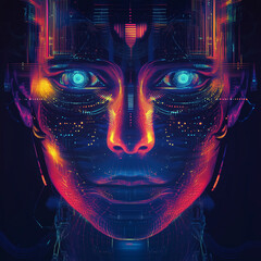 Abstract digital face with glowing eyes and intricate lines creating a futuristic appearance art