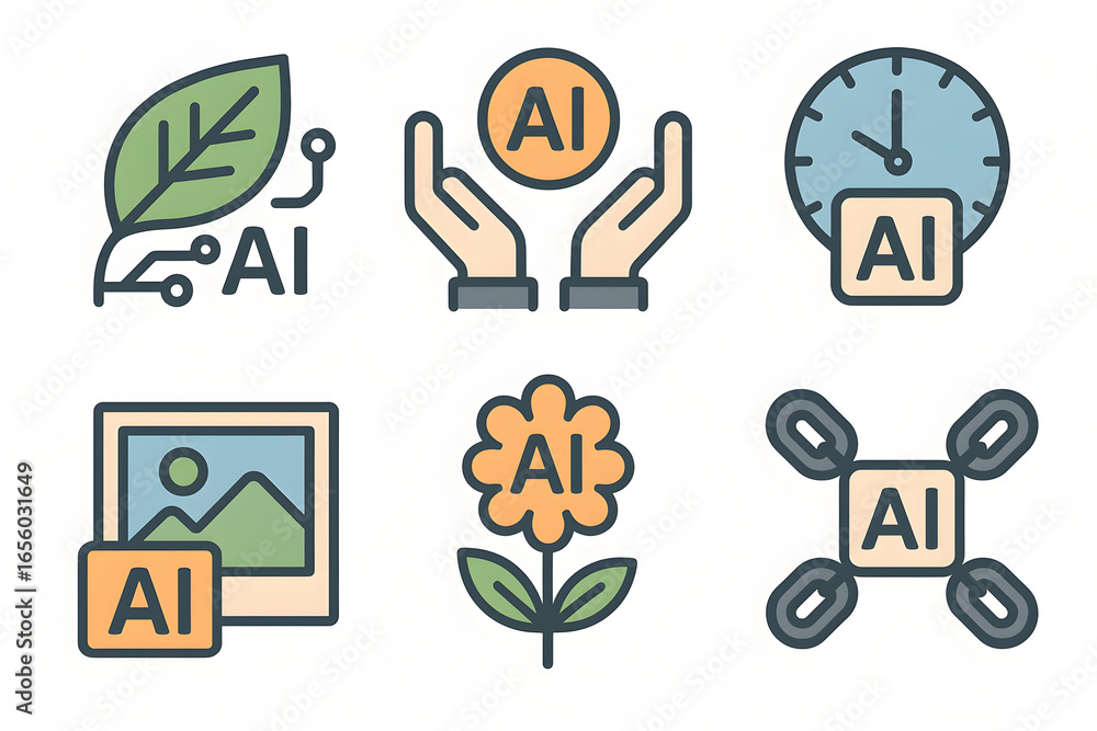 Poster ai integration icons: a collection of vividly colored icons symbolizing ai applications across diver
