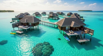 Idyllic Overwater Bungalow Resort with Coral Reef in Crystal Turquoise Water