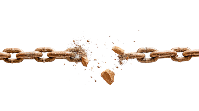 A broken chain symbolizing freedom and breaking free from constraints, on a white isolated background.