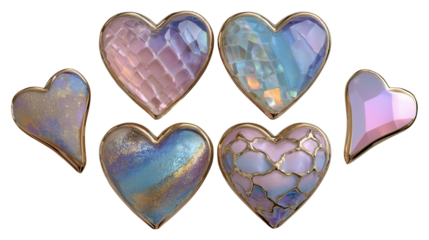 Luxury iridescent and gold trimmed heart decorations image set isolated transparent. Heartshaped ornaments cut outs photo png collection. Upscale romantic cutouts elements objects