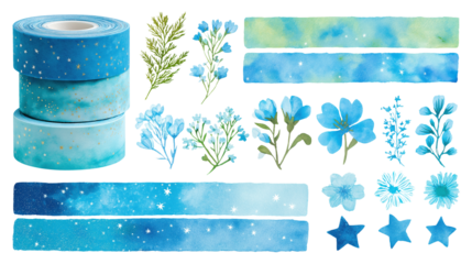 Watercolor washi tapes with blue flowers stars image set isolated transparent. Starry, botanical cut outs photo png collection. Scrapbooking, card making cutouts elements objects