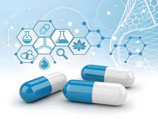 Pharmaceutical Industry Banner with Pills and Molecule Background