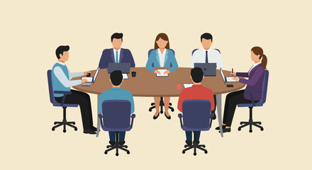 Businesspeople seated around a conference table, engaged in a meeting.