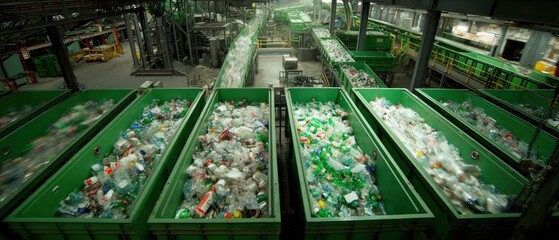 Plastic bottles moving on conveyor belt in recycling factory plant