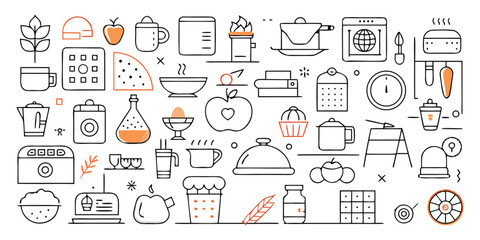 Whimsical Kitchen and Food Icons Delightful Black and White Culinary Art with Vibrant Orange Accents
