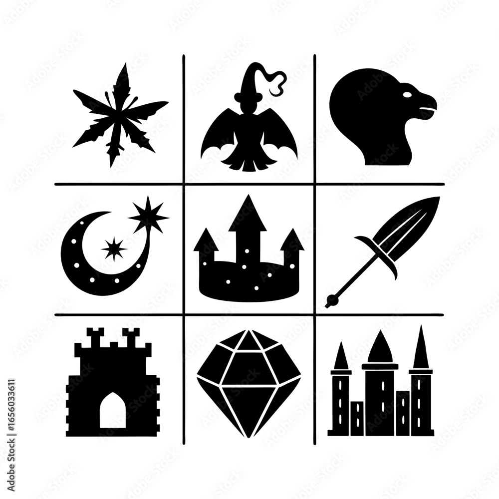 Aufkleber a collection of fantasy themed icons arranged in a nine grid square pattern in black and white color