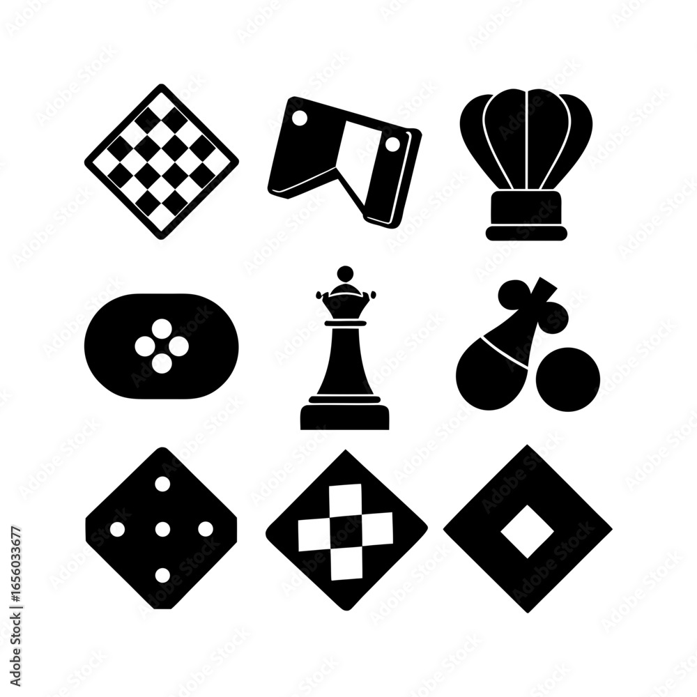 Poster a collection of assorted game pieces and abstract shapes displayed in a monochrome palette design st