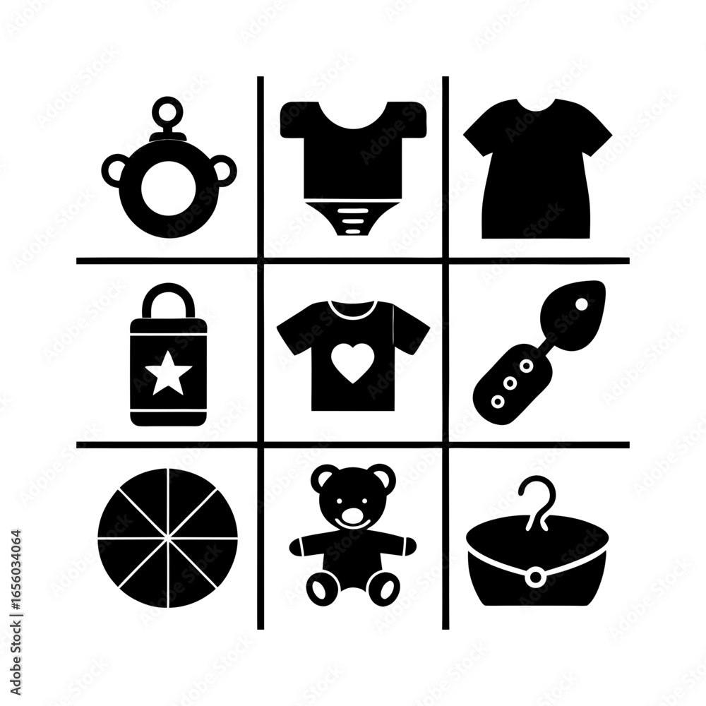 Poster illustration of baby items arranged in a nine square grid with a black and white color scheme used
