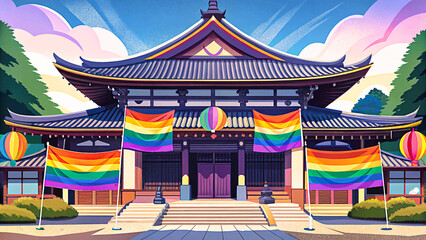 Obraz premium A traditional Japanese temple in Kamakura, Kanagawa, beautifully decorated with vibrant rainbow banners under a clear sky, blending history, culture, spirituality, and serene harmony.