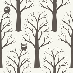 Obraz premium Seamless pattern of dark brown bare trees and cute owls on light background branch nature