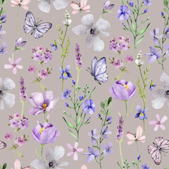seamless floral pattern. Watercolor pattern with wildflowers and butterflies.Floral pattern with flowers and herbs.Floral fabric design.Ronantic ornament