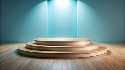 A circular wooden stage with tiered levels, illuminated by spotlights against a blue wall