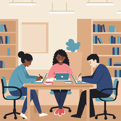 Fototapeta premium Three diverse students collaborating and studying together at a table in a library, using laptops and notebooks.