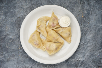 dumplings with sour cream in a gravy boat on a white plate on a background