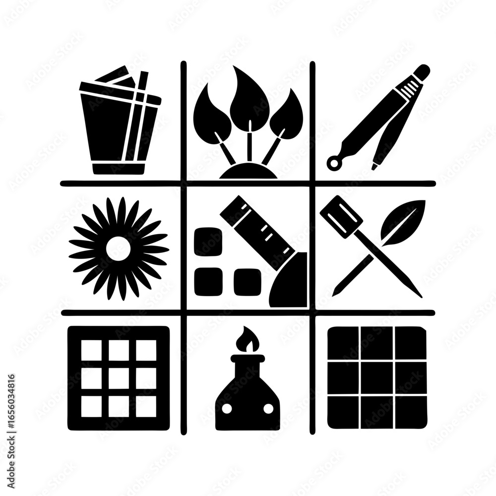 Poster black and white tic tac toe grid filled with science and nature related icons in a square format