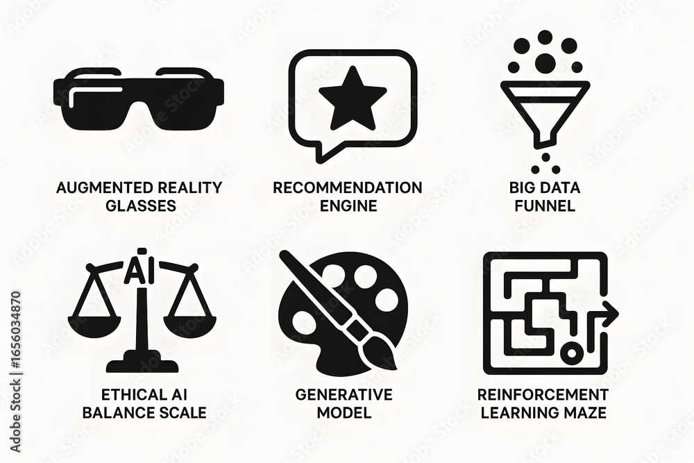 Aufkleber ai technology icons: collection of minimalist icons representing key concepts in artificial intellig