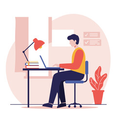 Man working on a laptop at a home office desk.