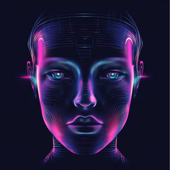 Close up of a digital human face with glowing pink and blue lights on a dark background design art