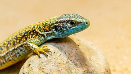 Fototapeta premium A vibrantly colored lizard rests on a stone, showcasing its intricate patterns and striking turquoise hues against a light beige backdrop.