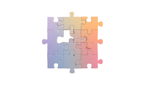 Colorful puzzle piece with a missing section, symbolizing creativity and problem-solving, isolated on a white background.