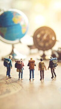 Miniature travelers facing a globe and compass