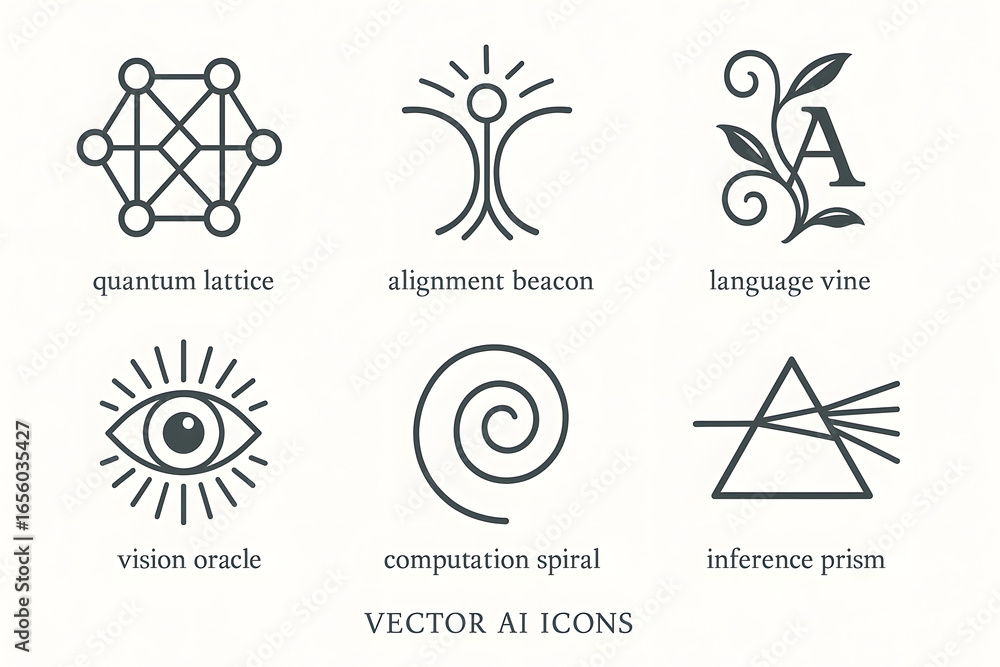Poster six ai icons: a collection of six minimalistic vector icons designed with clean lines, represent var
