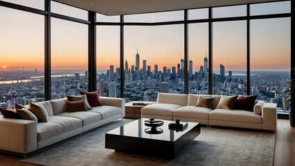 Luxury modern living room interior with panoramic city skyline view at sunset through large glass windows