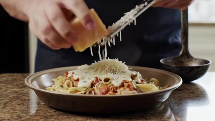 Chef Grating Parmesan Cheese Over a Pasta Dish with Bacon in a Brown Bowl on a Beige Granite Countertop Highlighting Culinary Arts and Cooking Techniques Perfect for National Food Day