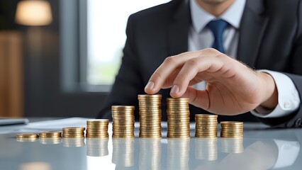 Businessman in suit stacking golden coins on office desk symbolizing financial planning and investment success