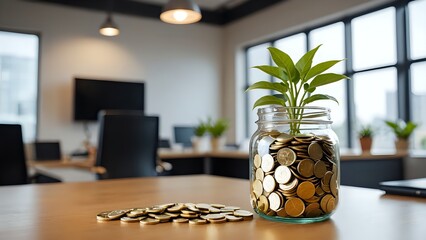 Glass jar filled with coins and small green plant growing inside placed on office desk symbolizing financial growth