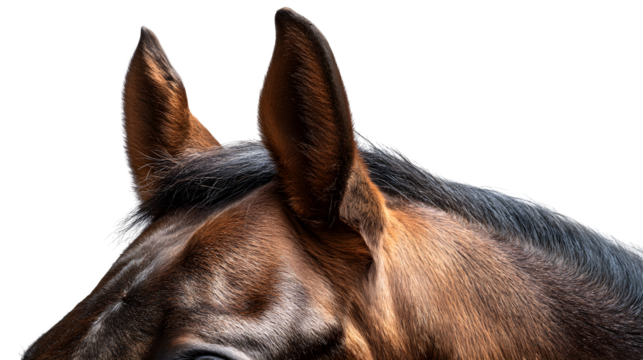 A single horse's ear, pricked forward, indicating alertness and connection, isolated on Transparent Background