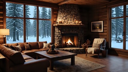 Cozy wooden cabin living room interior with stone fireplace and snowy forest view through large windows