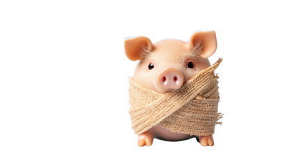 A cute pig figurine wrapped in burlap on a white isolated background.