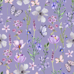 seamless pattern with flowers. Watercolor pattern with wildflowers and butterflies.Floral pattern with flowers and herbs.Floral fabric design.Ronantic ornament