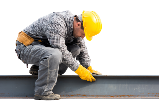 Construction worker measuring steel beam, isolated on white background.