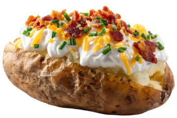 Baked potato topped with sour cream, cheese, chives, and crispy bacon, isolated on a white background.