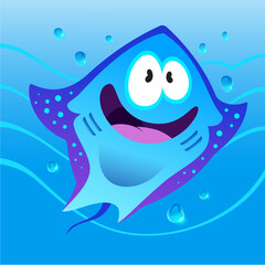 Funny Blue Cartoon Stingray Character Underwater