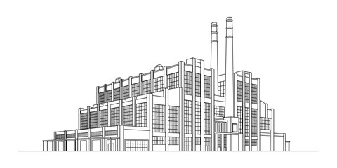 Fototapeta premium Detailed architectural line drawing of a large industrial power plant with two chimneys.