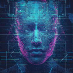 A digital human face composed of interconnected lines and glowing elements in blue and pink hues art